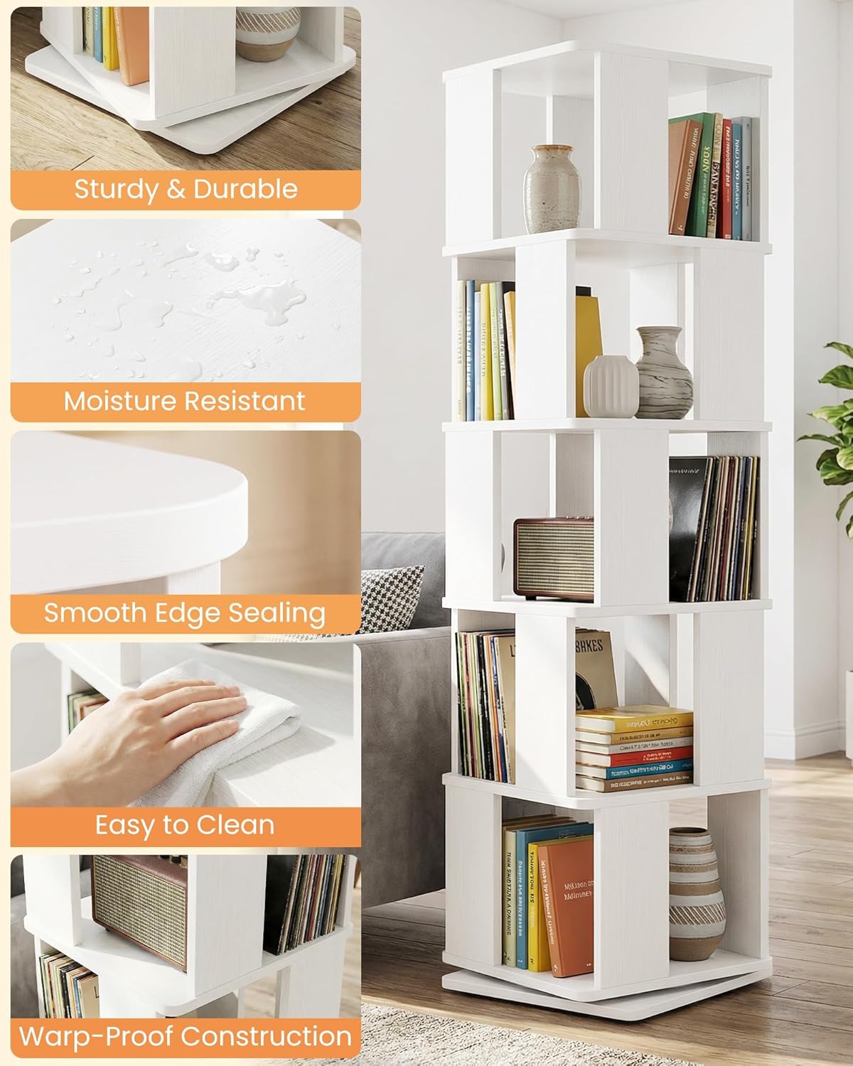5-Tier Rotating Bookshelf Tower, 360° Spinning Modern Book Storage Bookcase, Stable Display Corner Book Shelf for Kids Room, Living Room, Bedroom, Home Office, White