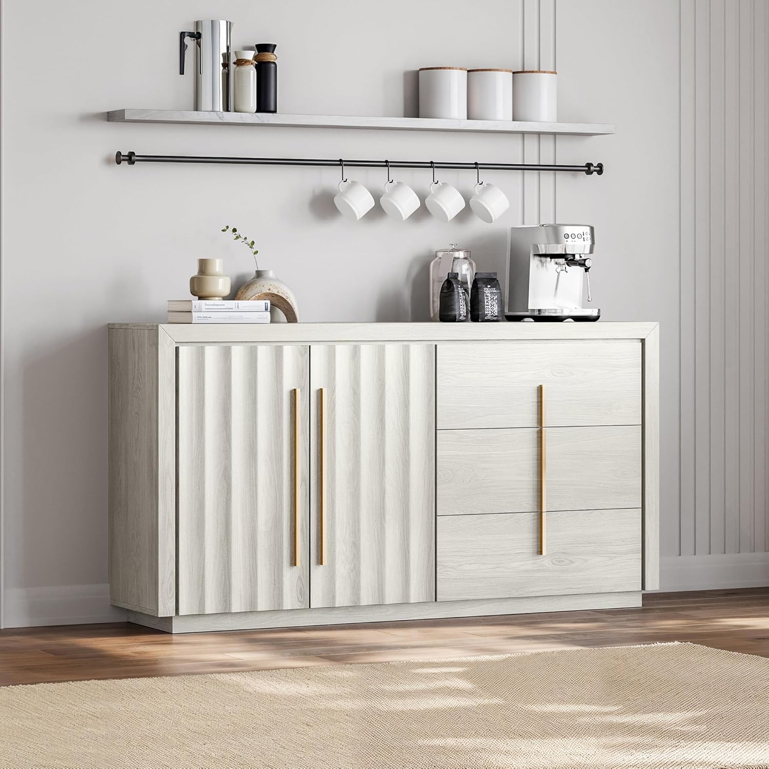 BELLEZE 64” Sideboard Buffet Cabinet, Modern Fluted Door Console Table with 3 Drawers and Adjustable Shelves, Accent Storage Cabinet for Entryway, Living Room & Dining Room - White Sand
