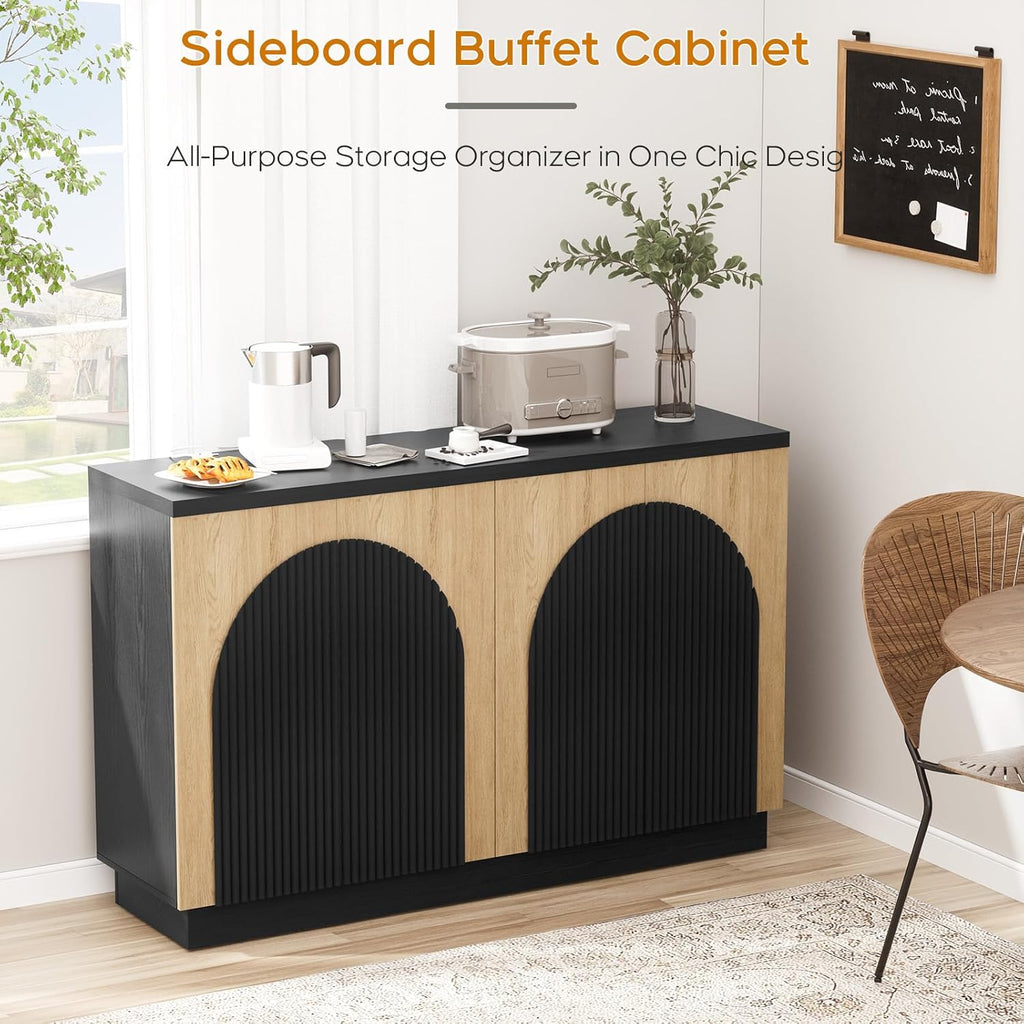 Yechen 55 Inch Fluted Sideboard Buffet Cabinet with Arched Reeded Doors, Modern Mid Century Credenza Accent Storage Cabinet with Adjustable Shelves for Living Room, Dining Room or Kitchen