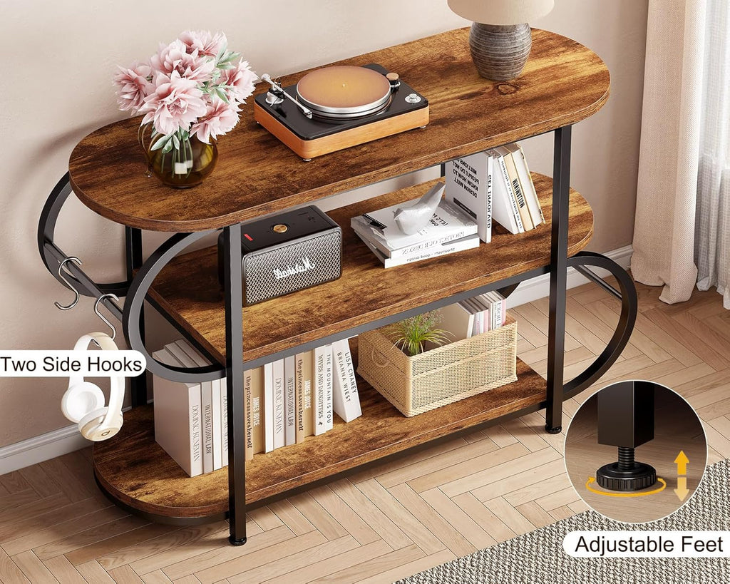 IBF 3 Tier Bookshelf with LED Light & Hooks, Farmhouse Low Horizontal Open Book Shelf, 39" Industrial Wood and Metal Bookcase, Oval Storage Display Shelf for Bedroom, Living Room, Office, Rustic Brown