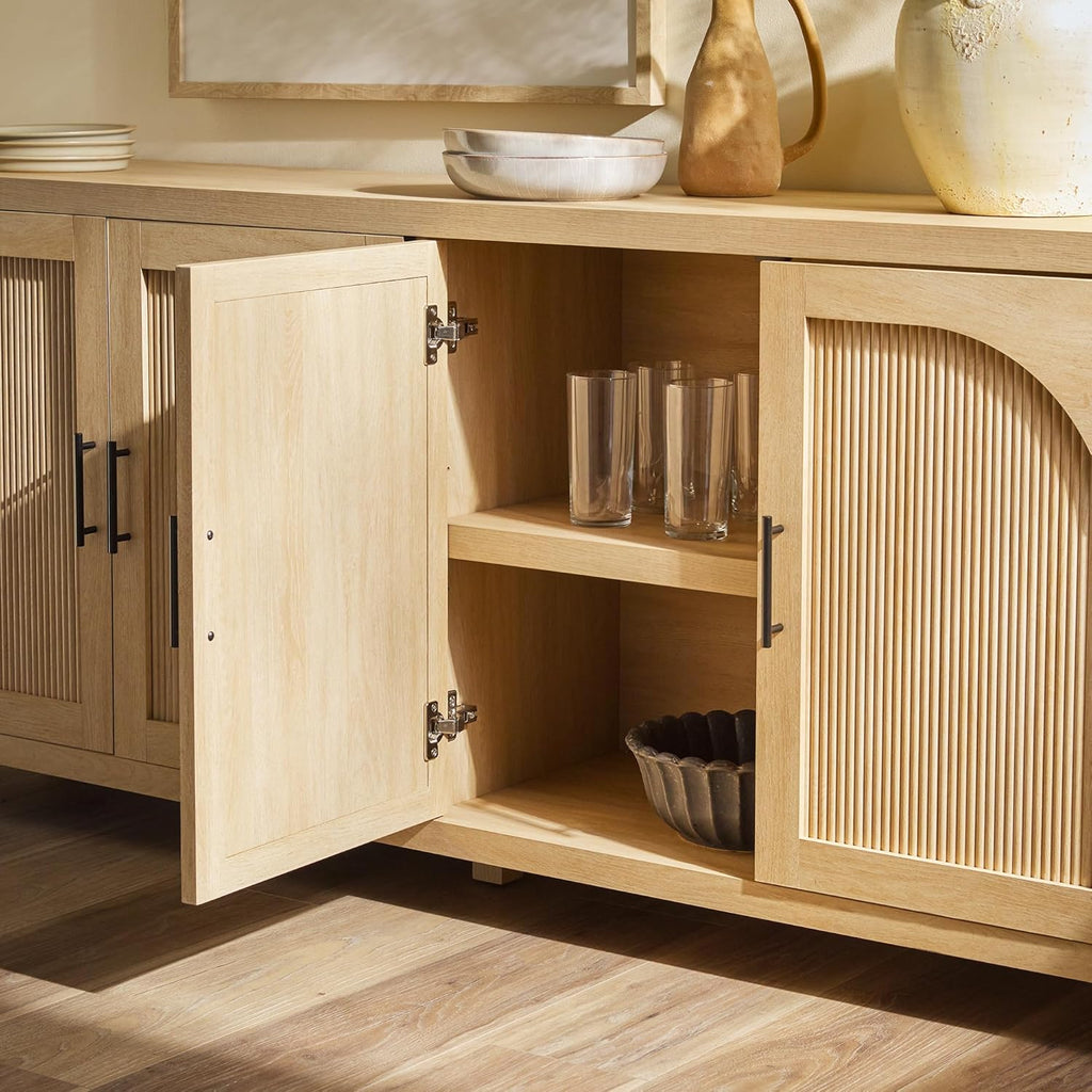Walker Edison Sasha 4-Door Reeded Sideboard Buffet with Cord Management, 70 Inch, Coastal Oak