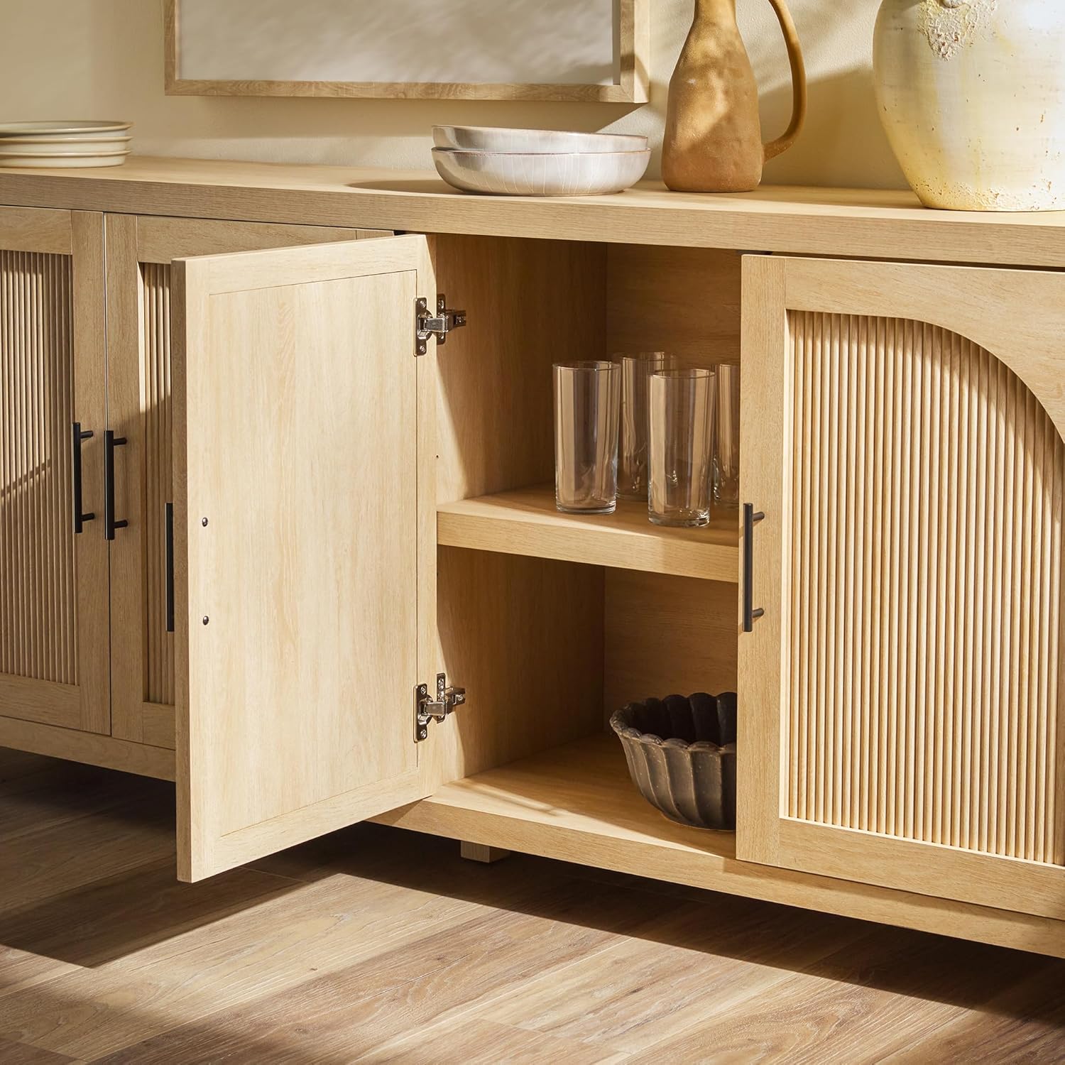 Walker Edison Sasha 4-Door Reeded Sideboard Buffet with Cord Management, 70 Inch, Coastal Oak