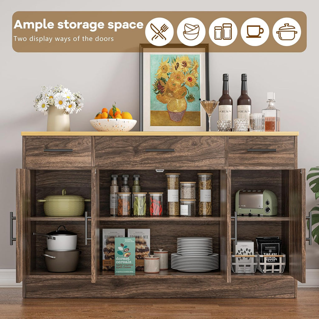 Vongrasig Buffet Cabinet with Drawers, 53” Large Sideboard Buffet Kitchen Storage Cabinet, Modern Farmhouse Coffee Bar with Shelves and Doors, Wood Buffet Table for Kitchen, Dining Room, Rustic Brown