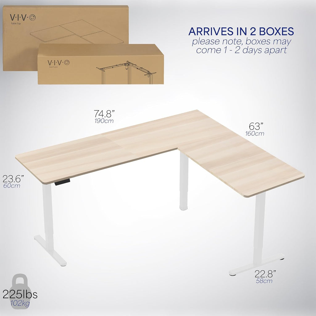 VIVO Corner Standing Desk, 75 x 63 inch Reversible L-Shaped Workstation, Electric Height Adjustment, Home, Office, and Reception Rooms, Light Wood Table Top White Frame, DESK-E3CTC-75