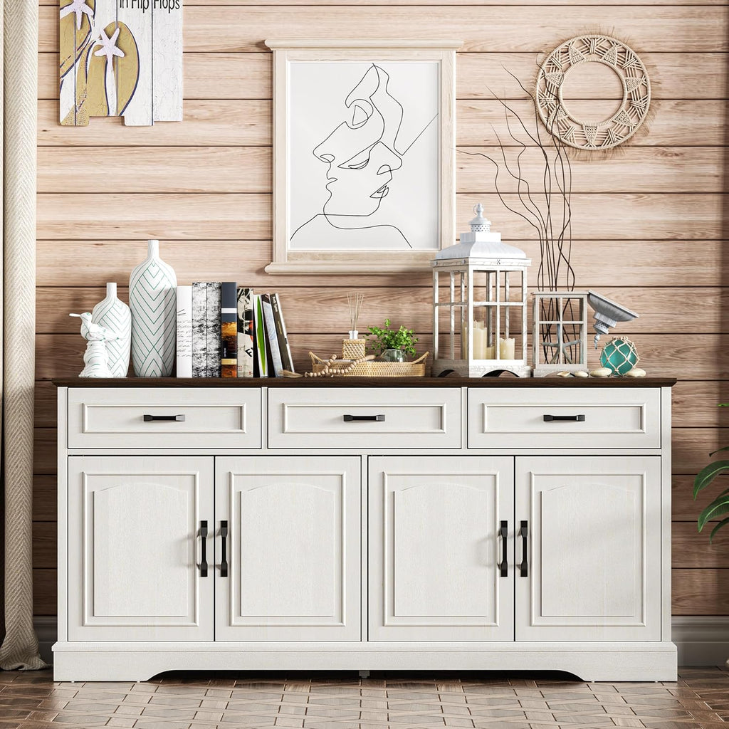 66" Large Sideboard Buffet Cabinet with Storage, Farmhouse Buffet Table Coffee Bar Wine Bar Kitchen Storage Cabinet with Drawers for Dining Room, Living Room, White & Walnut