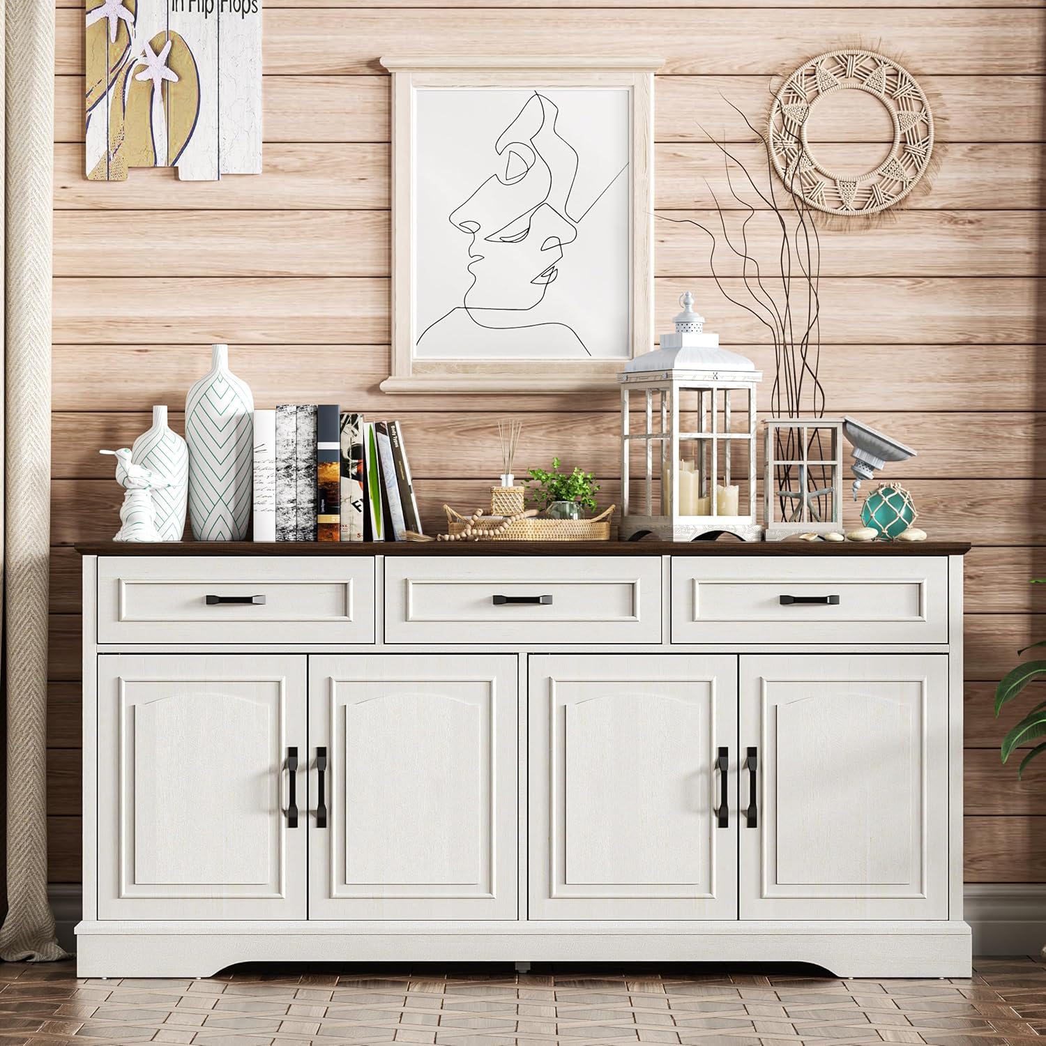 66" Large Sideboard Buffet Cabinet with Storage, Farmhouse Buffet Table Coffee Bar Wine Bar Kitchen Storage Cabinet with Drawers for Dining Room, Living Room, White & Walnut