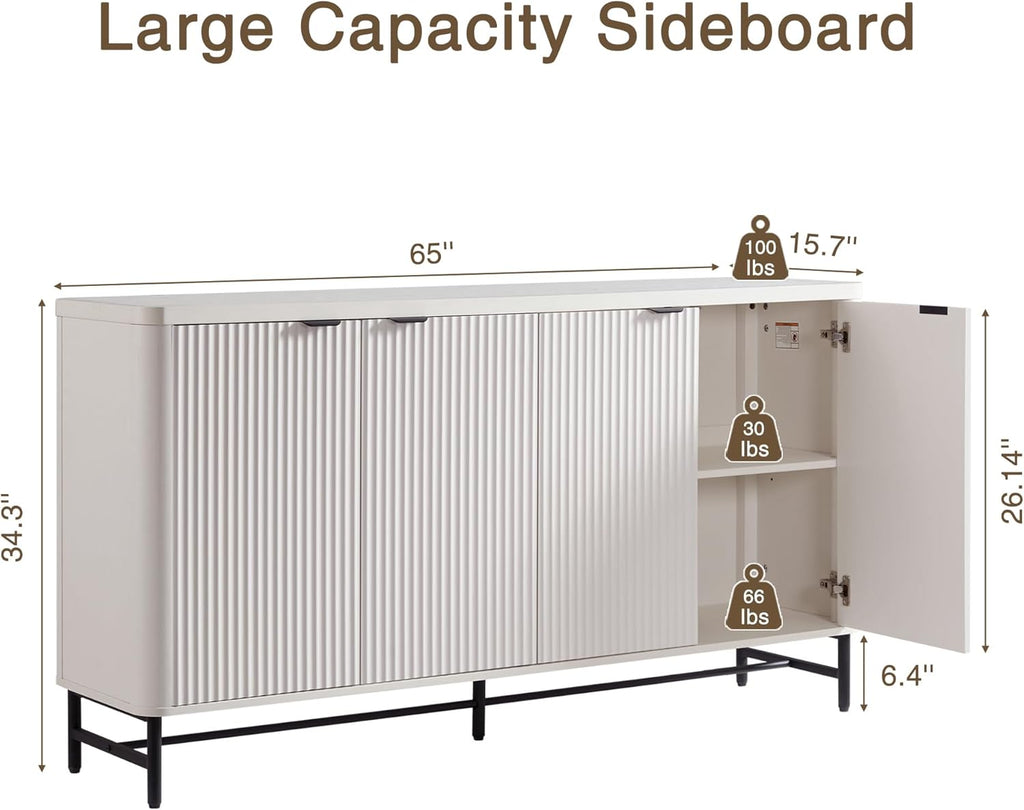 Fatmok 65" Buffet Cabinet with Storage, Fluted Credenza Sideboard with 4 Doors & Adjustable Shelves, Large Coffee Bar Console Table for Dining Room, Living Room, Entryway, White