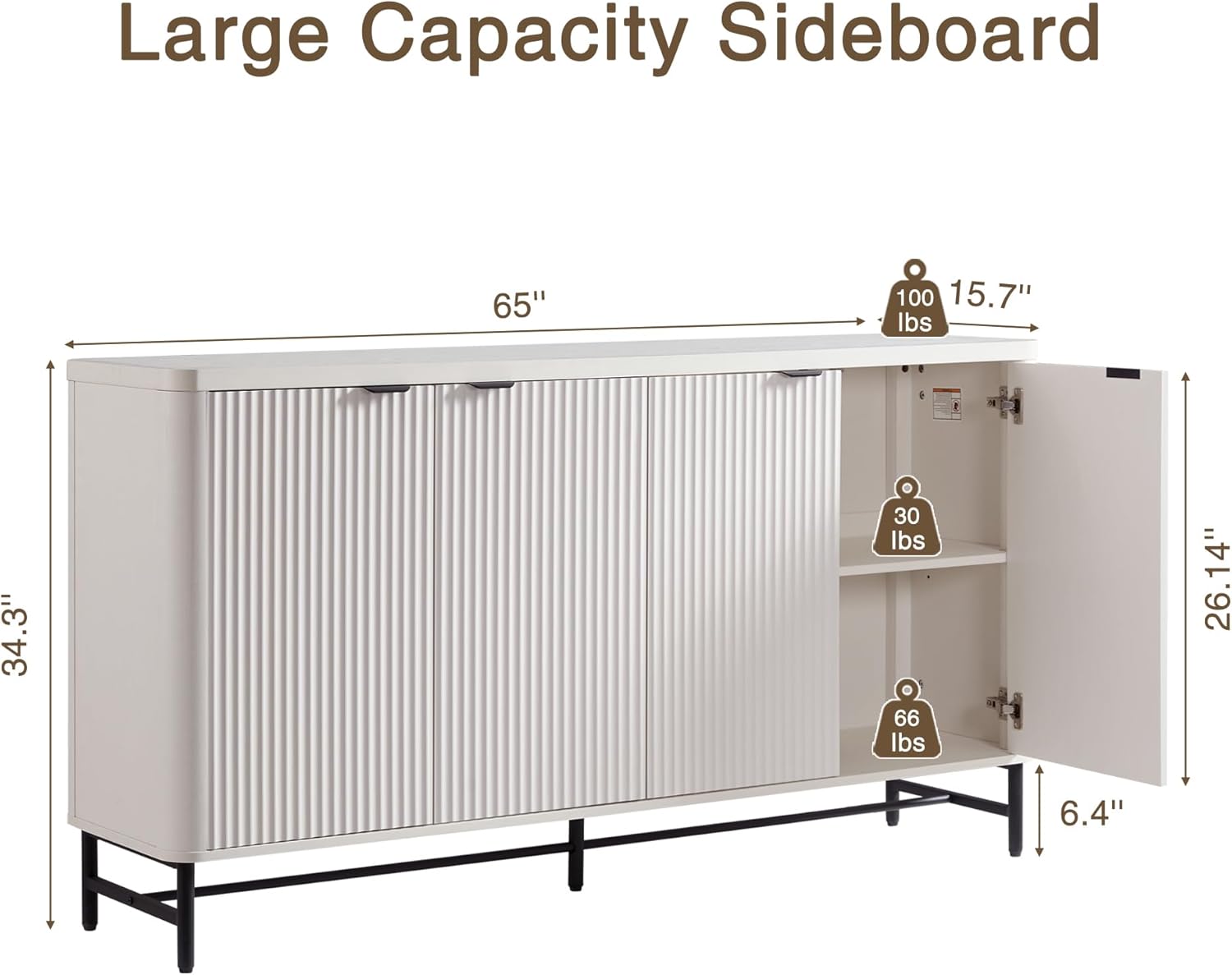 Fatmok 65" Buffet Cabinet with Storage, Fluted Credenza Sideboard with 4 Doors & Adjustable Shelves, Large Coffee Bar Console Table for Dining Room, Living Room, Entryway, White