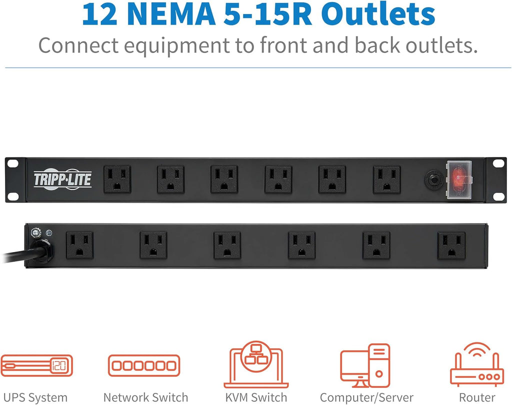 Tripp Lite 12-Outlet Rack Mount Power Strip PDU, Six Front & Six Rear Facing Outlets, 15A, 120V, 15ft Cord with Right-Angle Plug, Horizontal 1U Rack Mount, Black
