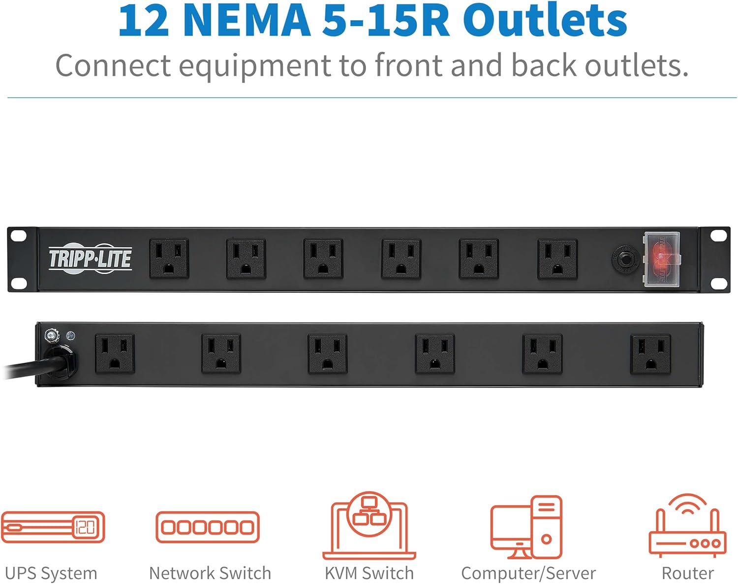 Tripp Lite 12-Outlet Rack Mount Power Strip PDU, Six Front & Six Rear Facing Outlets, 15A, 120V, 15ft Cord with Right-Angle Plug, Horizontal 1U Rack Mount, Black