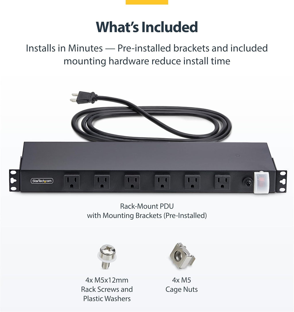 StarTech.com 12-Outlet Rackmount PDU, 1U Server Power Strip, Wide-Spaced Right-Angle Ports, Mounted Power Distribution Unit