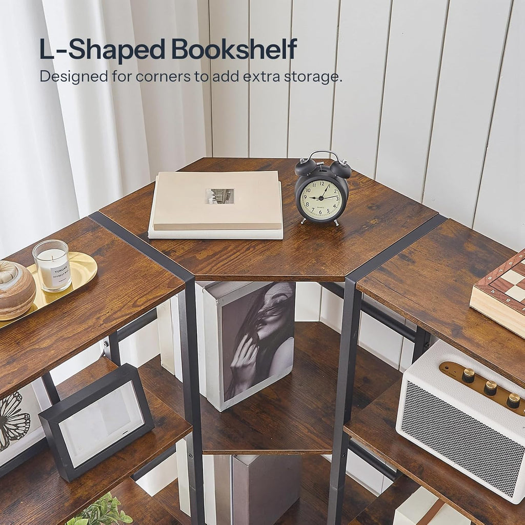 HOOBRO Industrial Corner Bookshelf, 5-Tier L-Shaped Bookcase, Open Display Storage Rack, Floor Standing Storage Shelf, for Living Room, Bedroom, Home Office, Rustic Brown and Black BF68SJ01