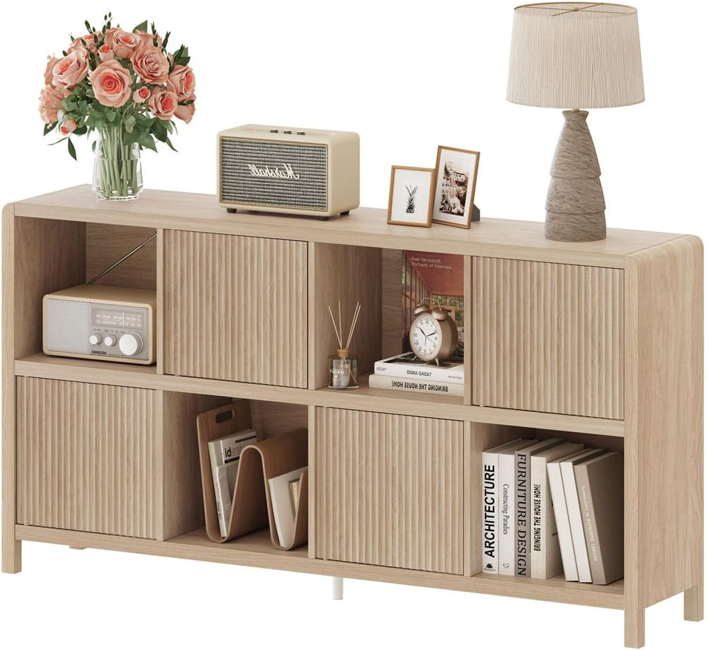 FATORRI 8 Cube Bookshelf with 4 Doors, Modern Mid Century Wood Book Shelf with Storage, Low Horizontal Cubby Bookcase for Home Office (Light Walnut)