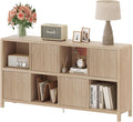 FATORRI 8 Cube Bookshelf with 4 Doors, Modern Mid Century Wood Book Shelf with Storage, Low Horizontal Cubby Bookcase for Home Office (Light Walnut)