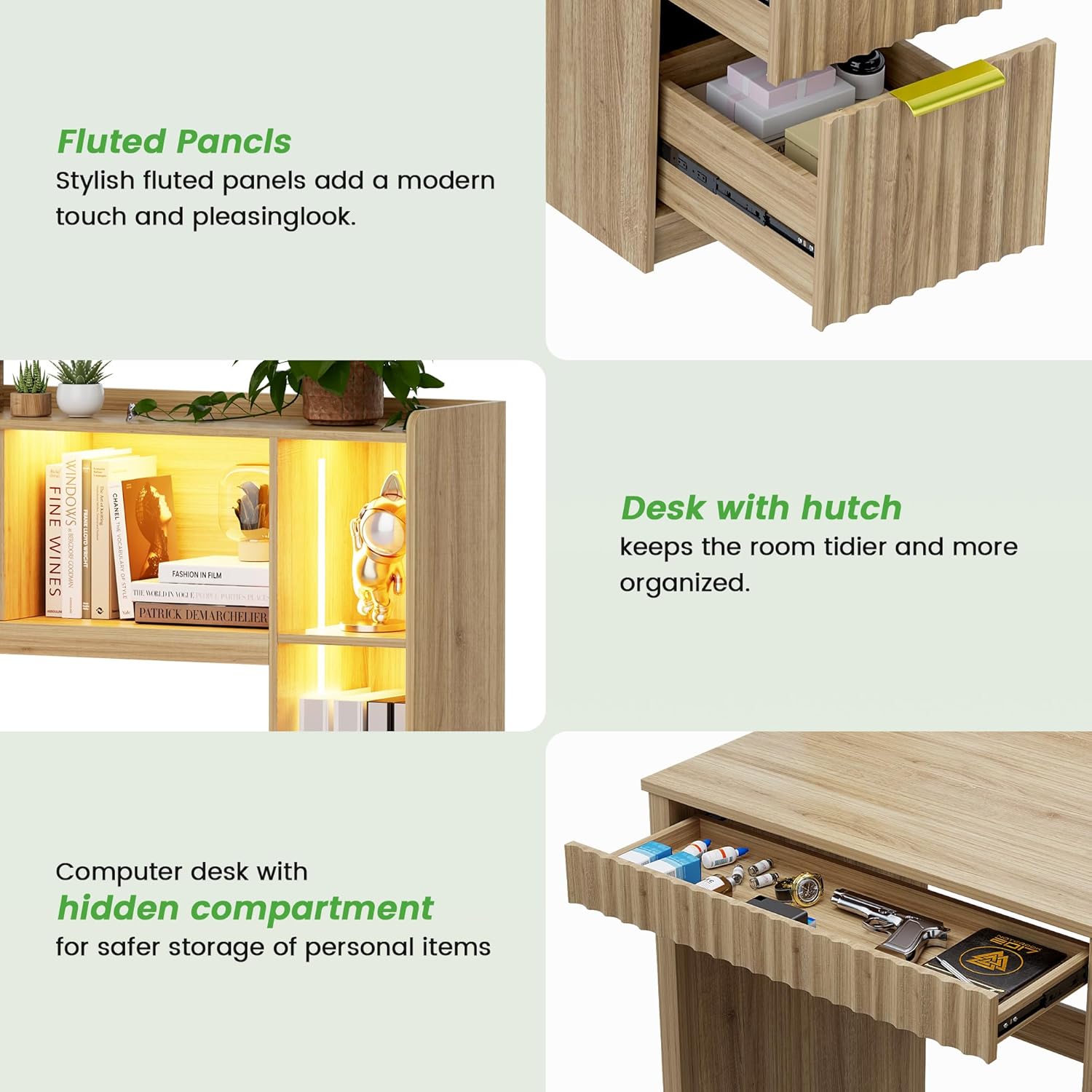 HNEBC Home Office Desk with Hutch and Drawers - 39" Standing Computer Desk with Charging Station&3 Color Lights,Hidden Compartment & Fluted Panel Design, LED Writing Desk for Bedroom, Study (Natural)
