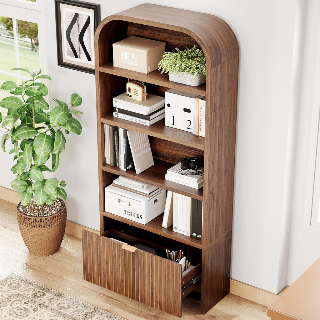 LEVNARY Arched Bookcase with Drawer, 70" Tall 5-Tier Bookshelf with Fluted Carved Drawer, Freestanding Display Storage Cabinet for Living Room Home Office (Walnut)