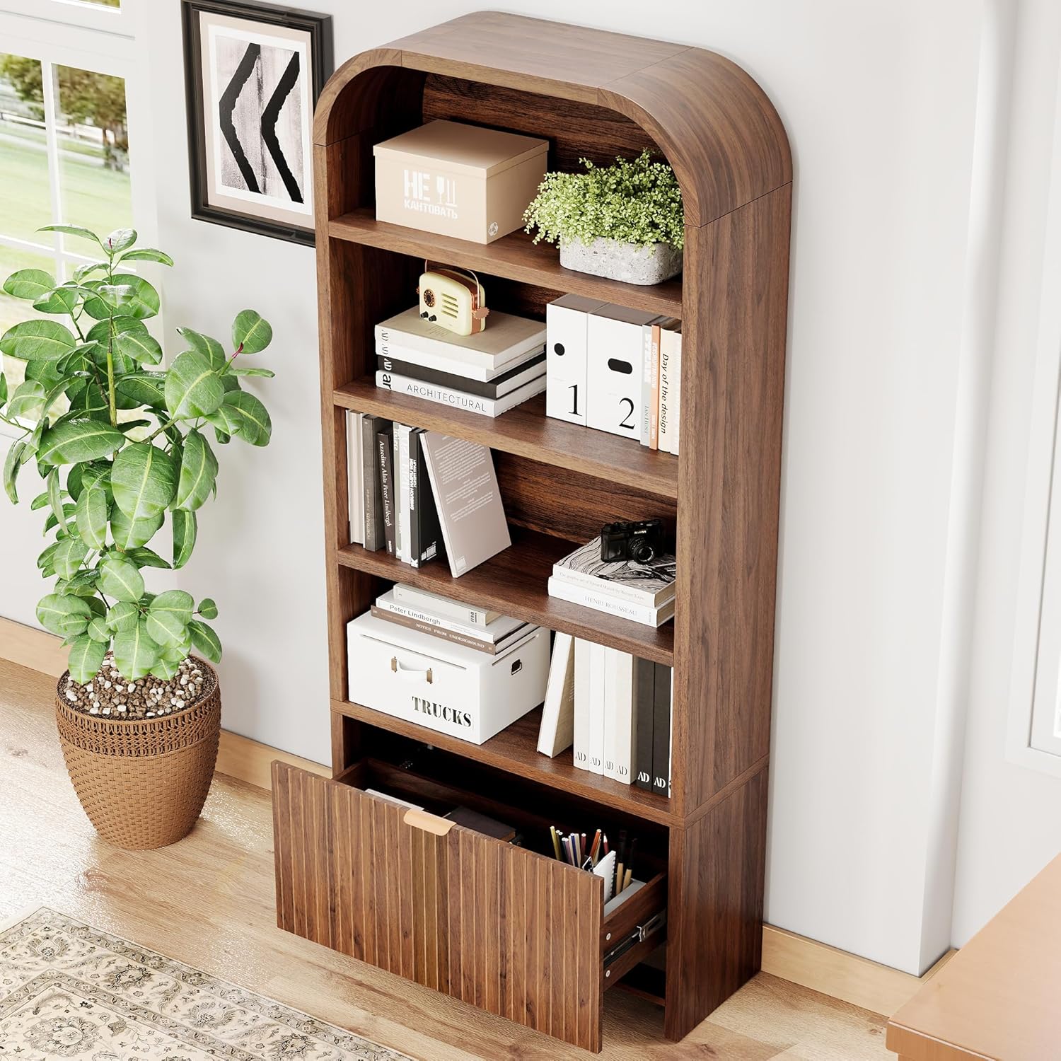 LEVNARY Arched Bookcase with Drawer, 70" Tall 5-Tier Bookshelf with Fluted Carved Drawer, Freestanding Display Storage Cabinet for Living Room Home Office (Walnut)