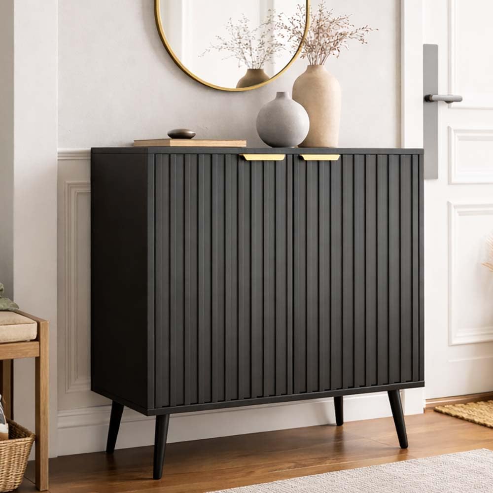 Pamapic Black Fluted Storage Cabinet, Sideboard Buffet with Doors and Shelf, Wooden Console Table & Credenza, Multifunctional Entryway Cabinet for Living Room, Dining Room (Black)