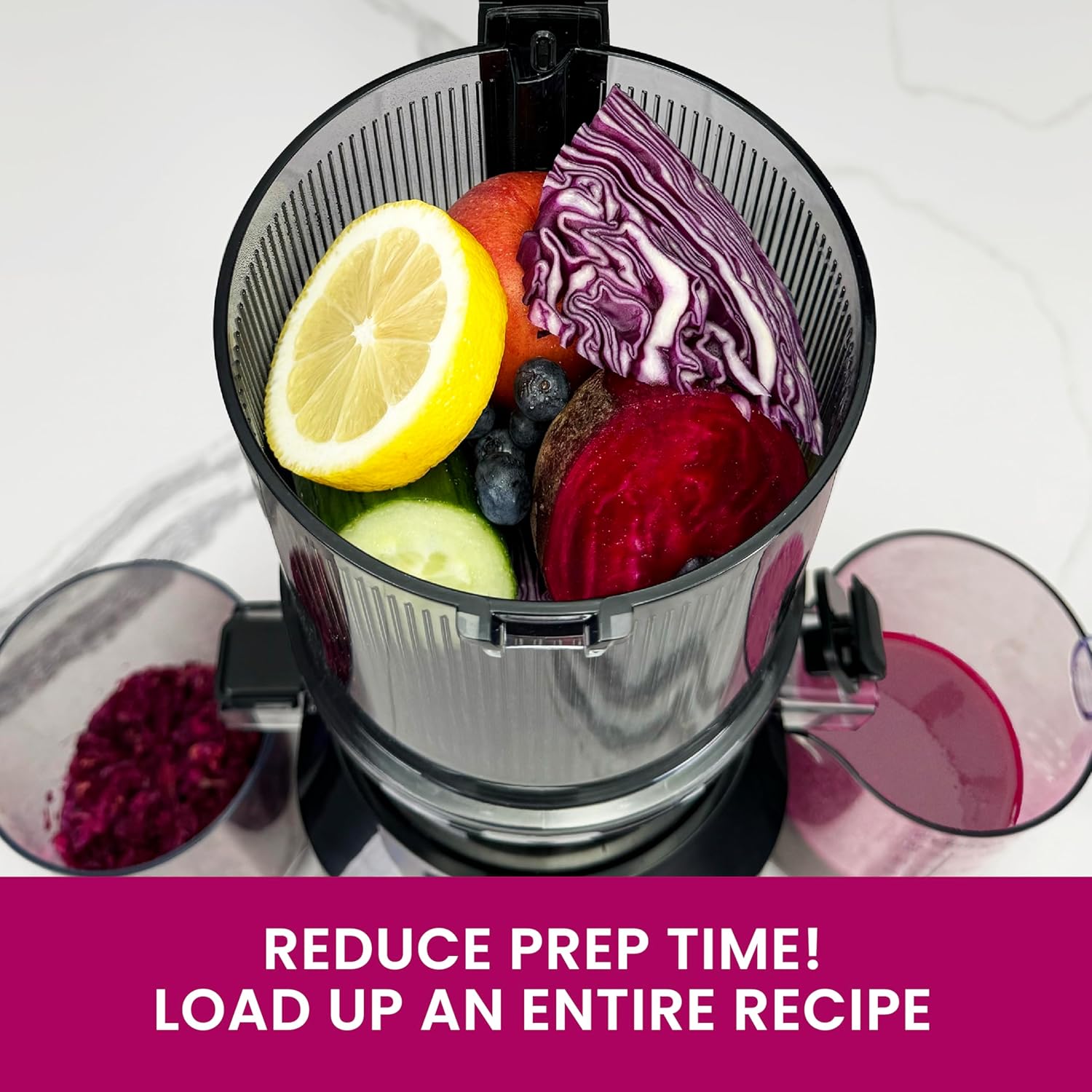 Omega Cold Press Juicer – Slow Masticating Hands Free Juicer Machine for Vegetables and Fruits with Wide Mouth Hopper for Whole Recipe Batch Juicing, Time Saving Series, Easy to Clean, 150-Watt Motor
