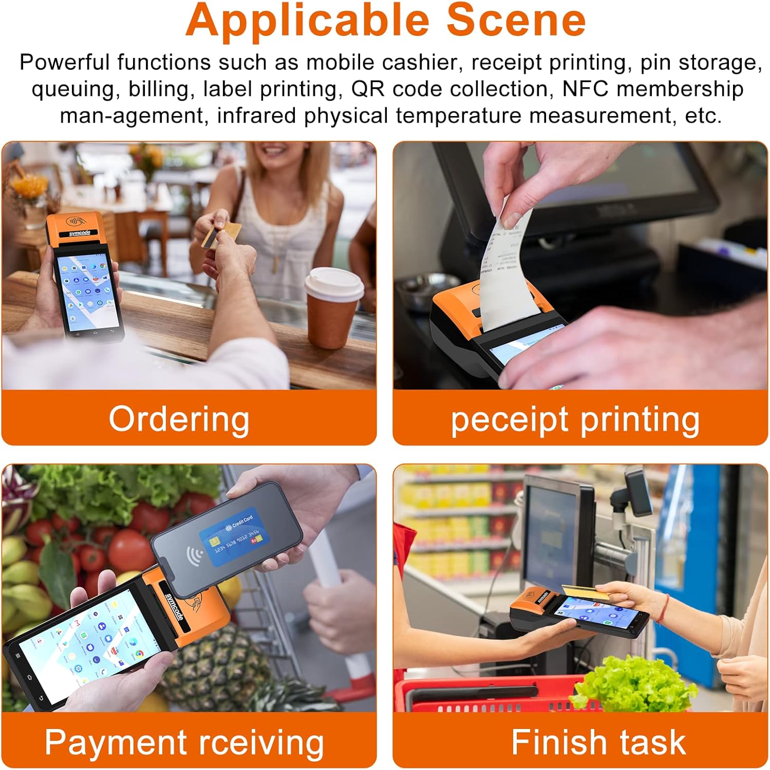 symcode POS PDA Thermal Receipt Printer,1D 2D Barcode Scanner Handheld PDA Printer Mobile POS Machine 5.5" Touch Screen 58mm Thermal Printer Android 8.1 Support 4G WiFi Bluetooth and NFC