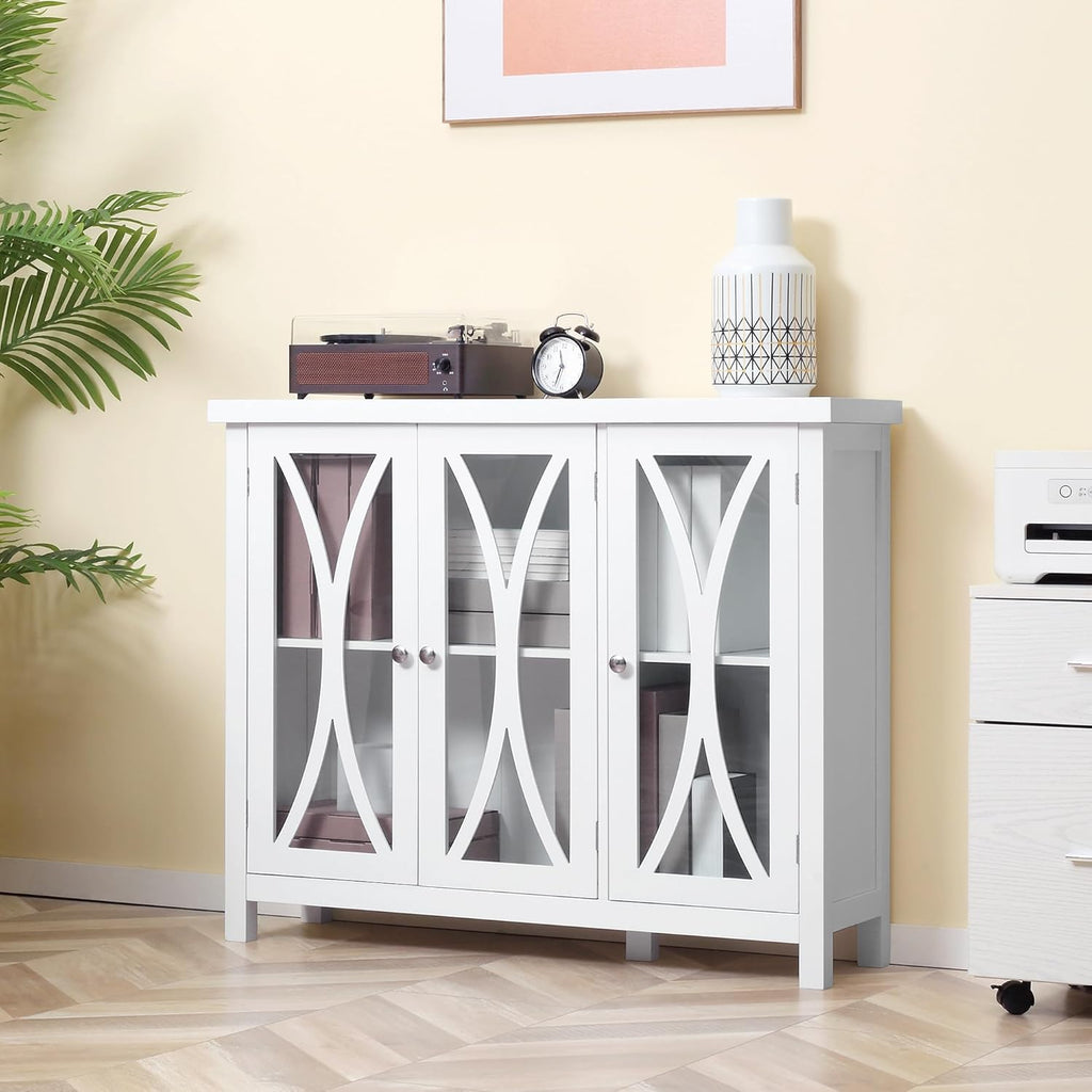 HOMCOM Modern Kitchen Sideboard, Buffet Cabinet with 2 Storage Cupboard, Glass Doors for Living Room, Bedroom, White