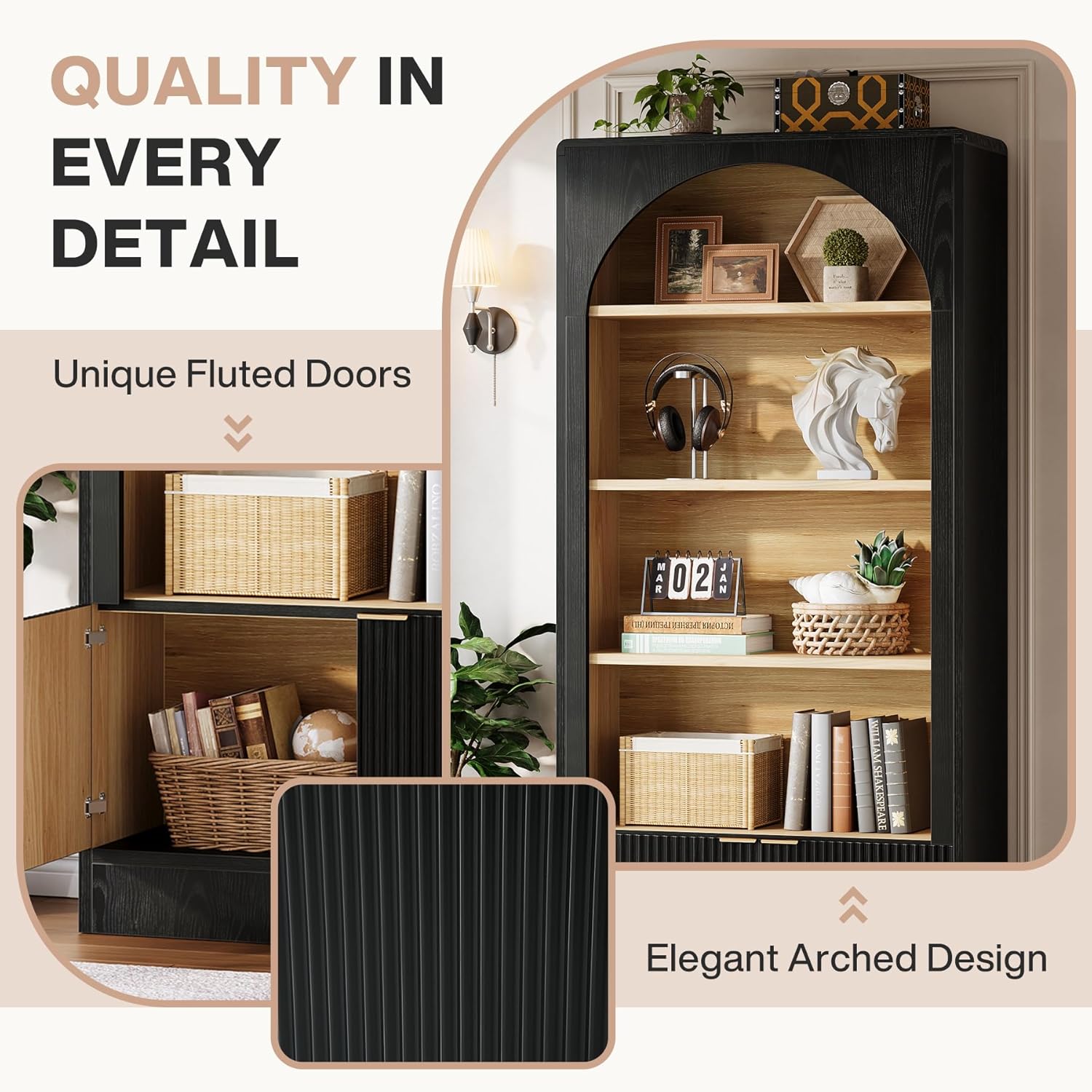 Tribesigns 71" Tall Arched Bookcase, 5-Tier Black Bookshelf with Storage Cabinet, Modern Freestanding Wooden Bookshelves Open Display for Living Room, Home Office, Study