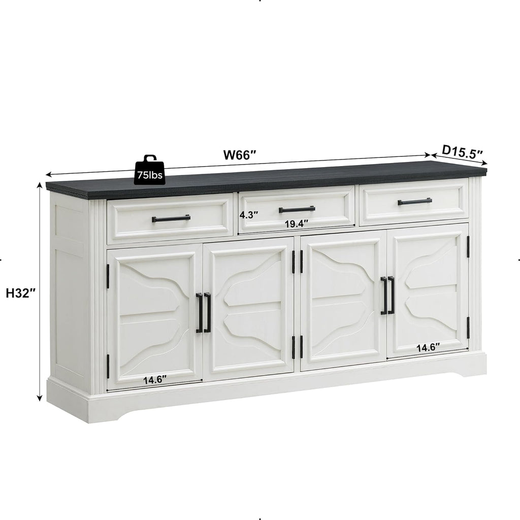 JXQTLINGMU 66" Farmhouse Buffet Cabinet with Storage, Sideboard Credenza with 4 Door Cabinets, Adjustable Shelves & 3 Drawers, Coffee Bar Cabinet for Dining Room, Kitchen, Living Room, Off White