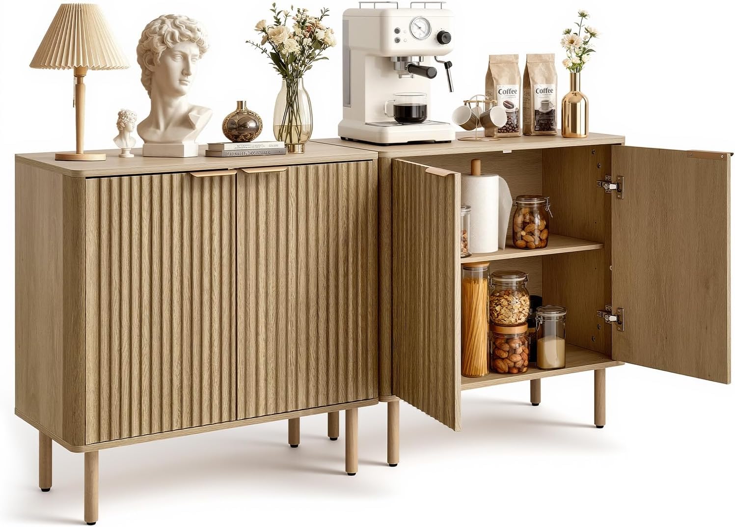 VEVOR Buffet Cabinet, Sideboard Cabinet with 2-Tier Storage, Coffee Bar Cabinet with Adjustable Shelves, Fluted Sideboard Buffet for Hallway, Entryway, Living Room, or Kitchen, Oak(2pcs)