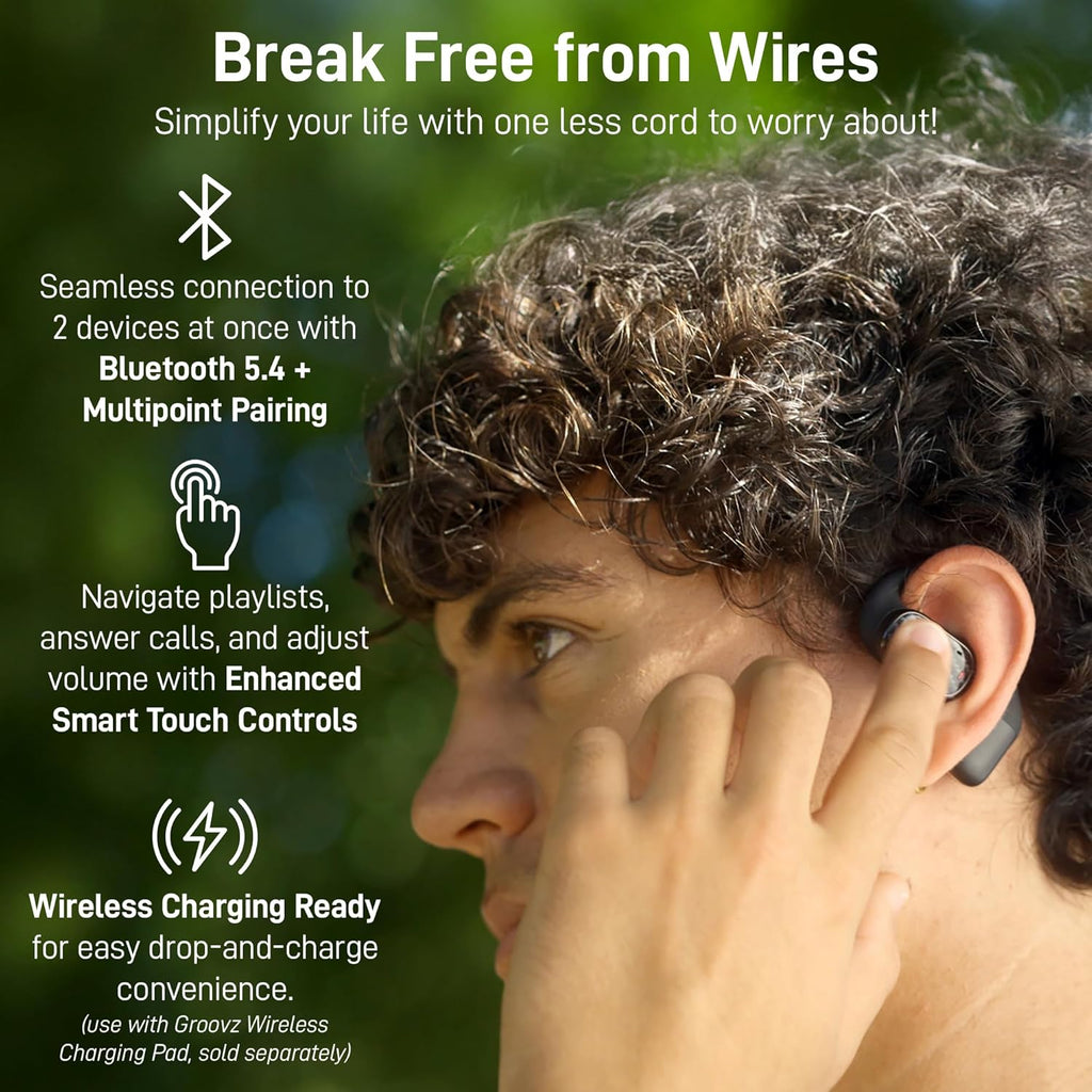 Groovz Open-Ear Plus True Wireless Headphones with Battery Display - Designed & Engineered in the USA - Multi-Point Pairing Bluetooth Open Ear Earbuds Compatible with Apple & Android - Carbon Fiber