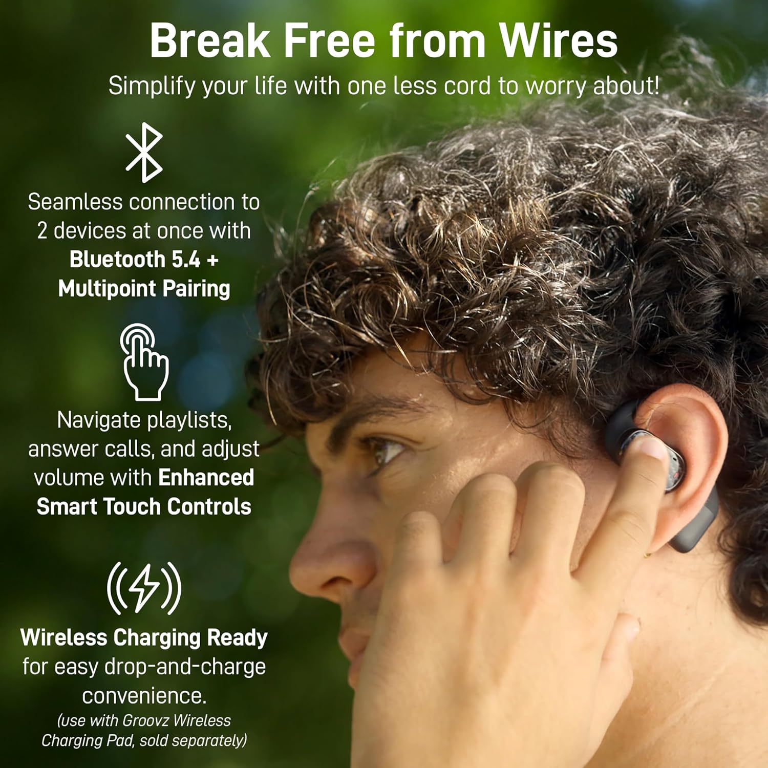 Groovz Open-Ear Plus True Wireless Headphones with Battery Display - Designed & Engineered in the USA - Multi-Point Pairing Bluetooth Open Ear Earbuds Compatible with Apple & Android - Carbon Fiber
