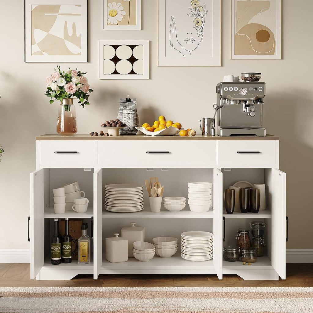 GAOMON Buffet Cabinet with Drawers, 55inch Wood Coffee Bar Large Sideboard Buffet Storage Cabinet with Shelves and Doors for Kitchen Dining Living Room,White/Rustic