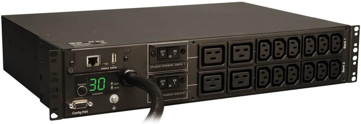Tripp Lite Monitored PDU, 30A, 16 Outlets (12-C13 and 4-C19), 208/240V, L6-30P, 12 ft. Cord, 2U Rack-Mount Power (PDUMNH30HV),Black
