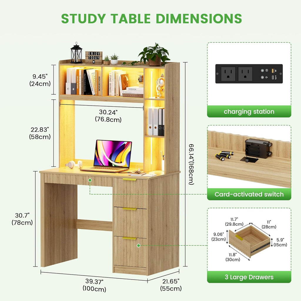 HNEBC Home Office Desk with Hutch and Drawers - 39" Standing Computer Desk with Charging Station&3 Color Lights,Hidden Compartment & Fluted Panel Design, LED Writing Desk for Bedroom, Study (Natural)