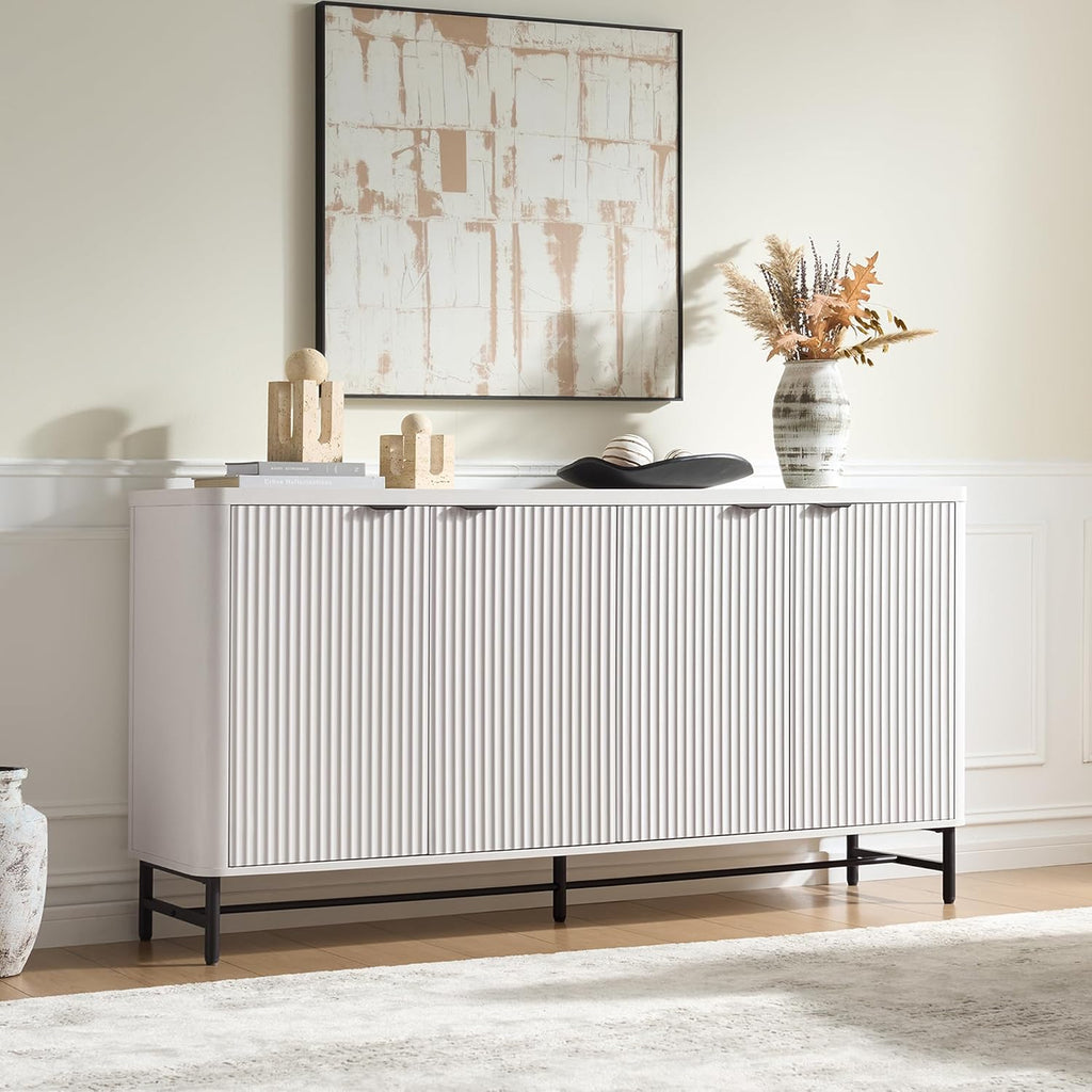 Fatmok 65" Buffet Cabinet with Storage, Fluted Credenza Sideboard with 4 Doors & Adjustable Shelves, Large Coffee Bar Console Table for Dining Room, Living Room, Entryway, White