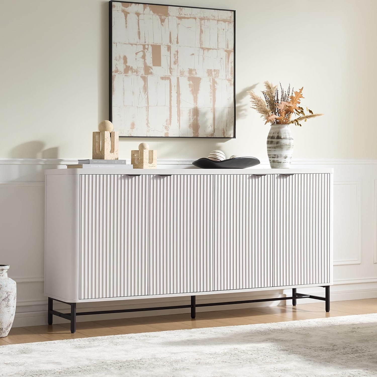 Fatmok 65" Buffet Cabinet with Storage, Fluted Credenza Sideboard with 4 Doors & Adjustable Shelves, Large Coffee Bar Console Table for Dining Room, Living Room, Entryway, White