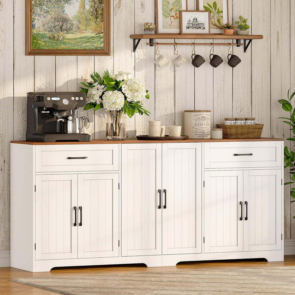 Whalefall 71" Farmhouse Sideboard Buffet Cabinet with Storage, Large Kittchen Credenza with 2 Drawers & 6 Doors, Modern Wooden Coffee Bar Cabinet for Kitchen Dining Room, White