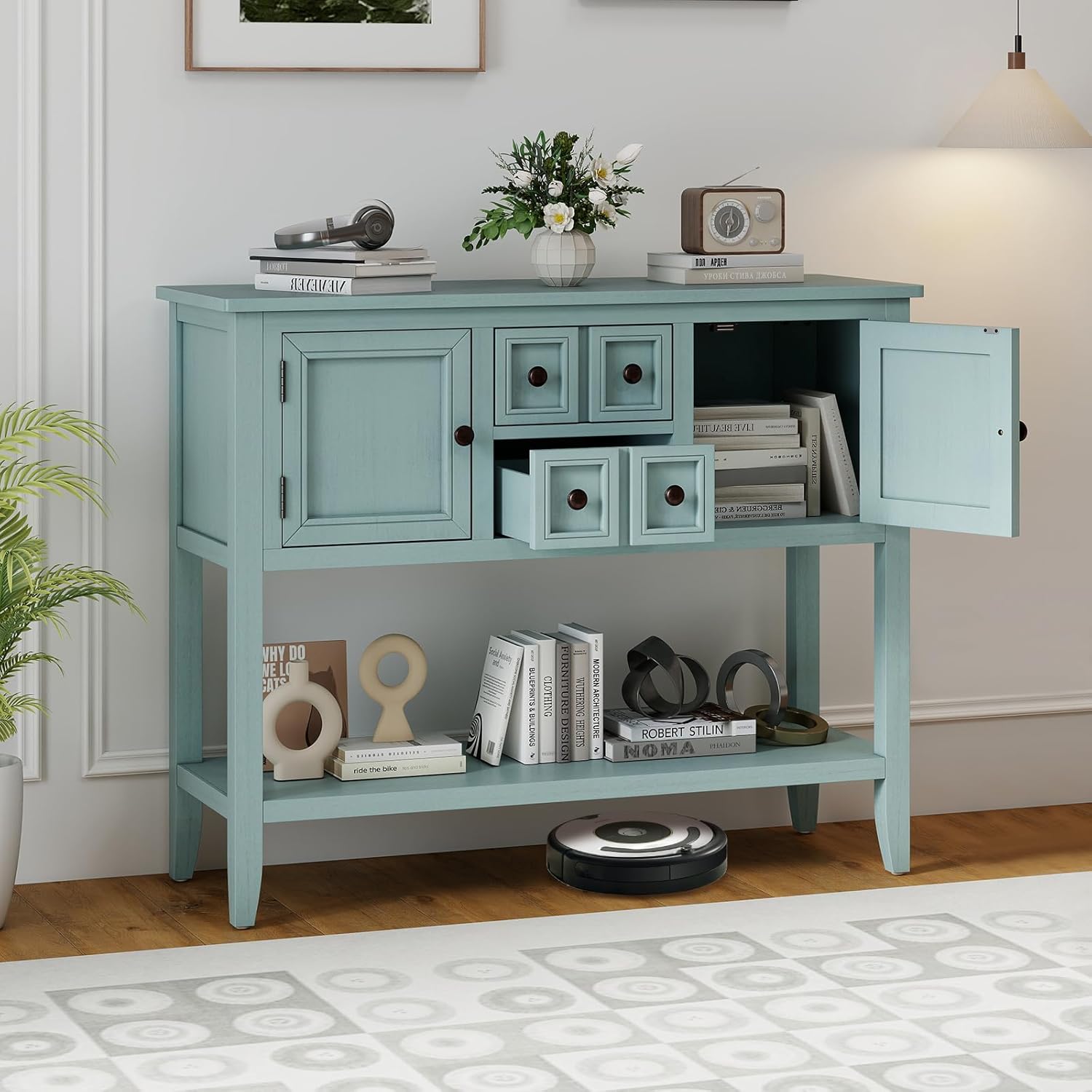 Giantex Sideboard Buffet Cabinet with Storage, 42'' Wood Credenza, Accent Coffee Bar Cabinet with Open Shelf, 2 Drawers & 2 Doors, Buffet Table for Entryway, Kitchen, Living Room, Hallway, Aqua Blue