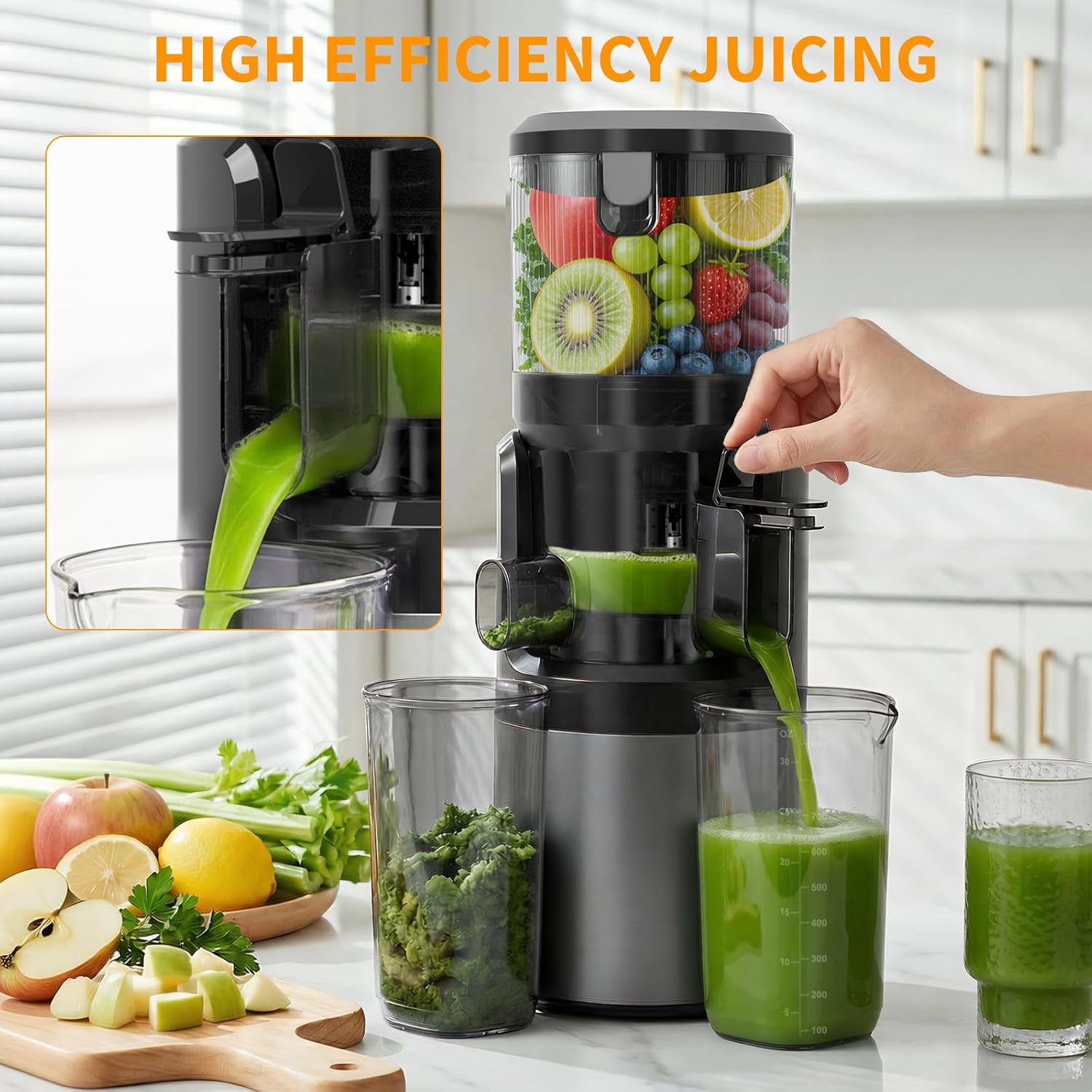 Juicer Machines, Cold Press Juicer with 6" Extra-Large Feed Chute, 400W Motor, High Juice Yield, Easy to Clean, Dishwasher Safe Parts, 3-in-1 for Juice, Nut Milk & Sorbet, Whole Fruits & Vegetables