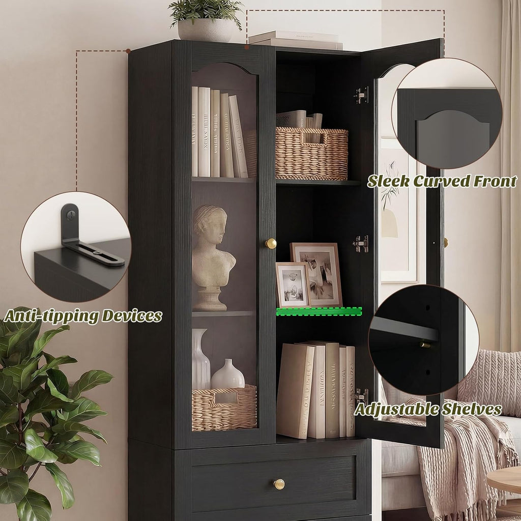 Cyclysio 80" Tall Bookcase with Doors and Drawers, Set of 4 Bookshelves and Bookcases, Arched Glass Display Cabinet and Open Storage Organizer, Farmhouse Library Furniture for Living, Office, Black