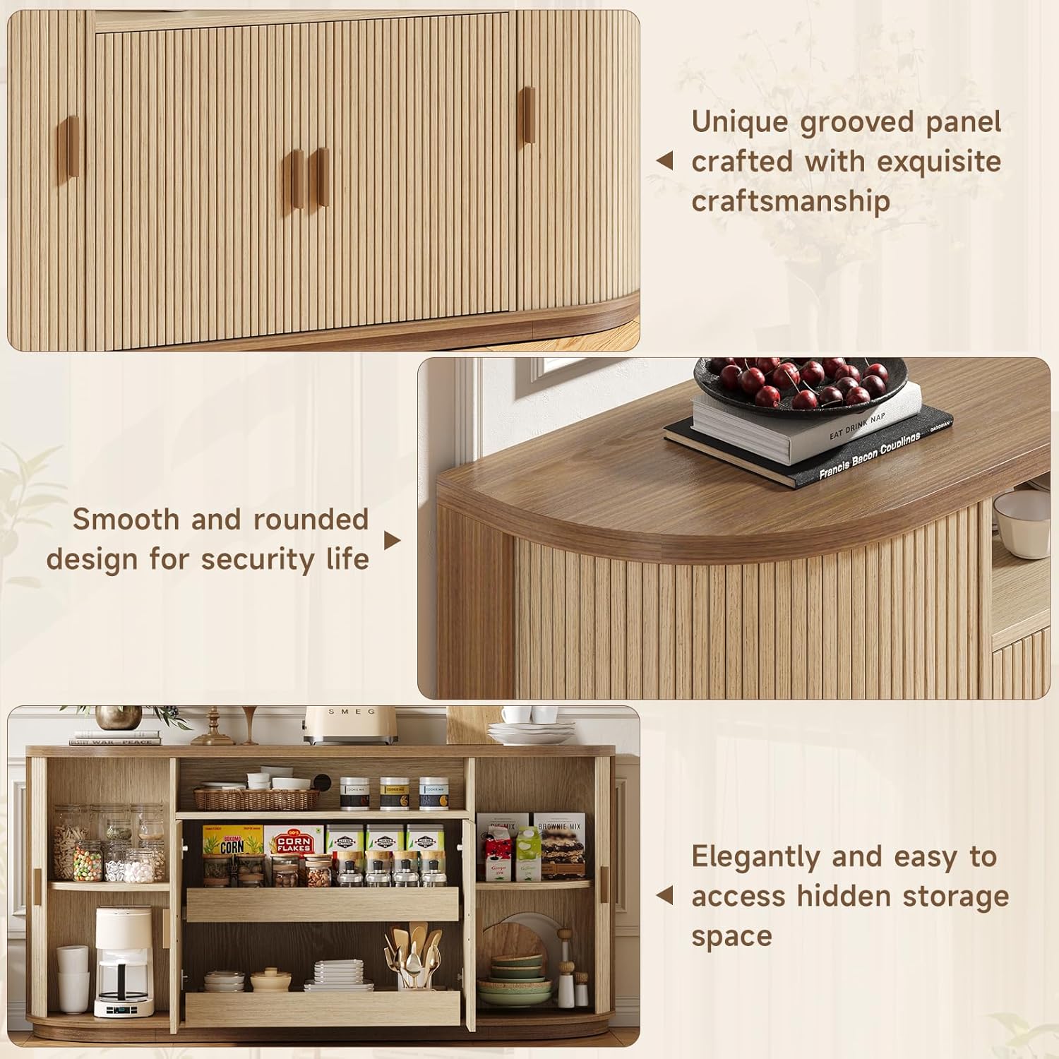 63" Sideboard Buffet Cabinet with Storage, Modern Fluted Accent Credenza with Sliding Doors, Drawers and Adjustable Shelves, Wood Coffee Bar Console Table for Kitchen, Living Room, Enrtyway (Oak)