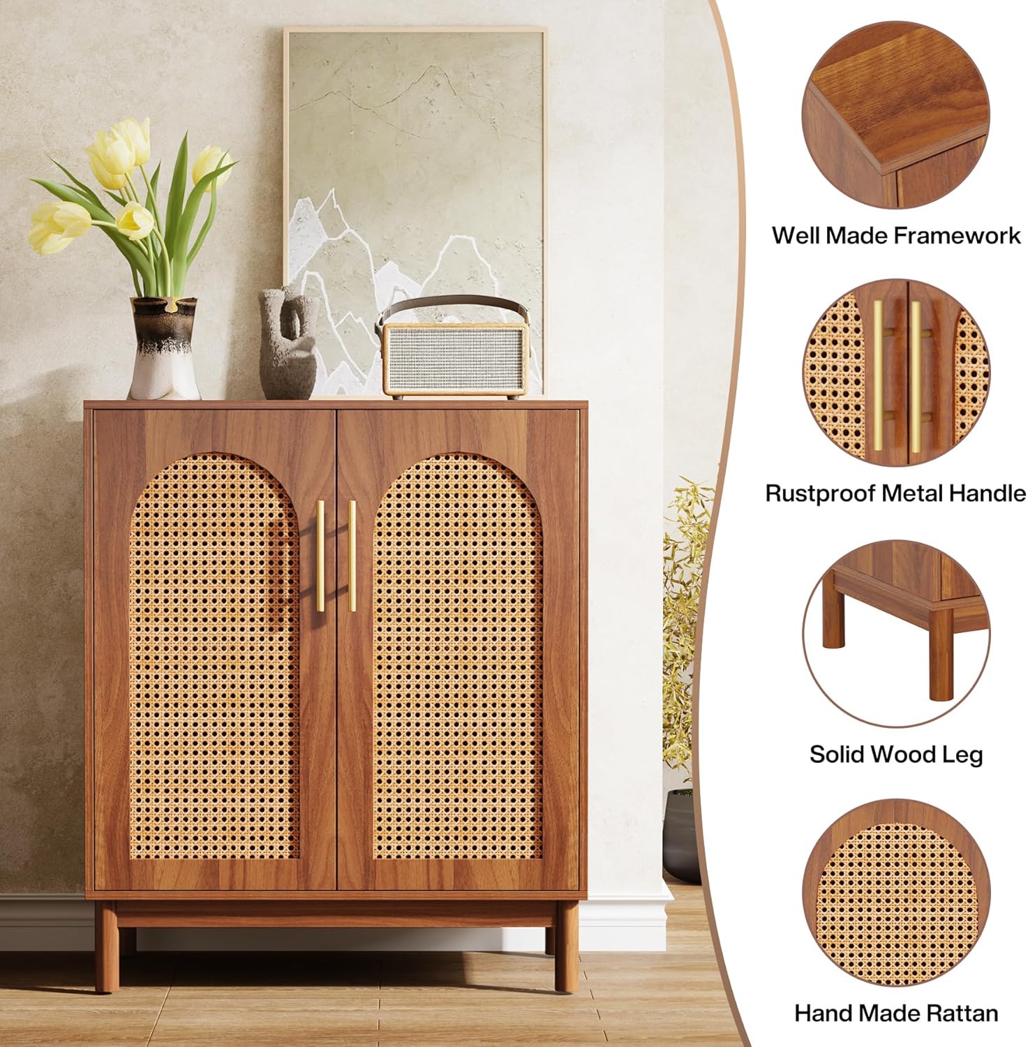 Tribesigns Set of 2 Rattan Sideboard Buffet with Storage, 59 Inch Accent Cabinet with Doors, Storage Cabinet for Dining Room, Living Room, Kitchen, Caramel Brown
