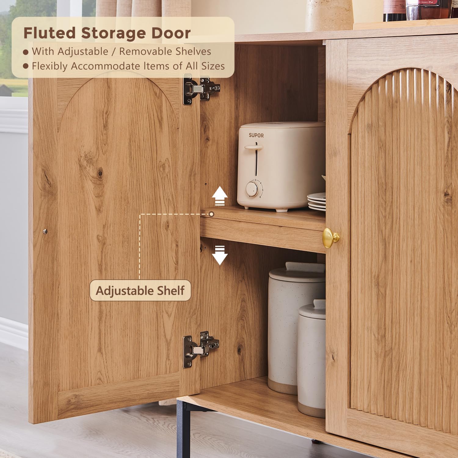 IFGET Modern Buffet Cabinet with Storage, 61.75" W Fluted Arched Sideboard Cabinet w/Adjustable Shelves, Wooden Modular Coffee Bar for Dining Room, Kitchen, Living Room, Entryway, Natural