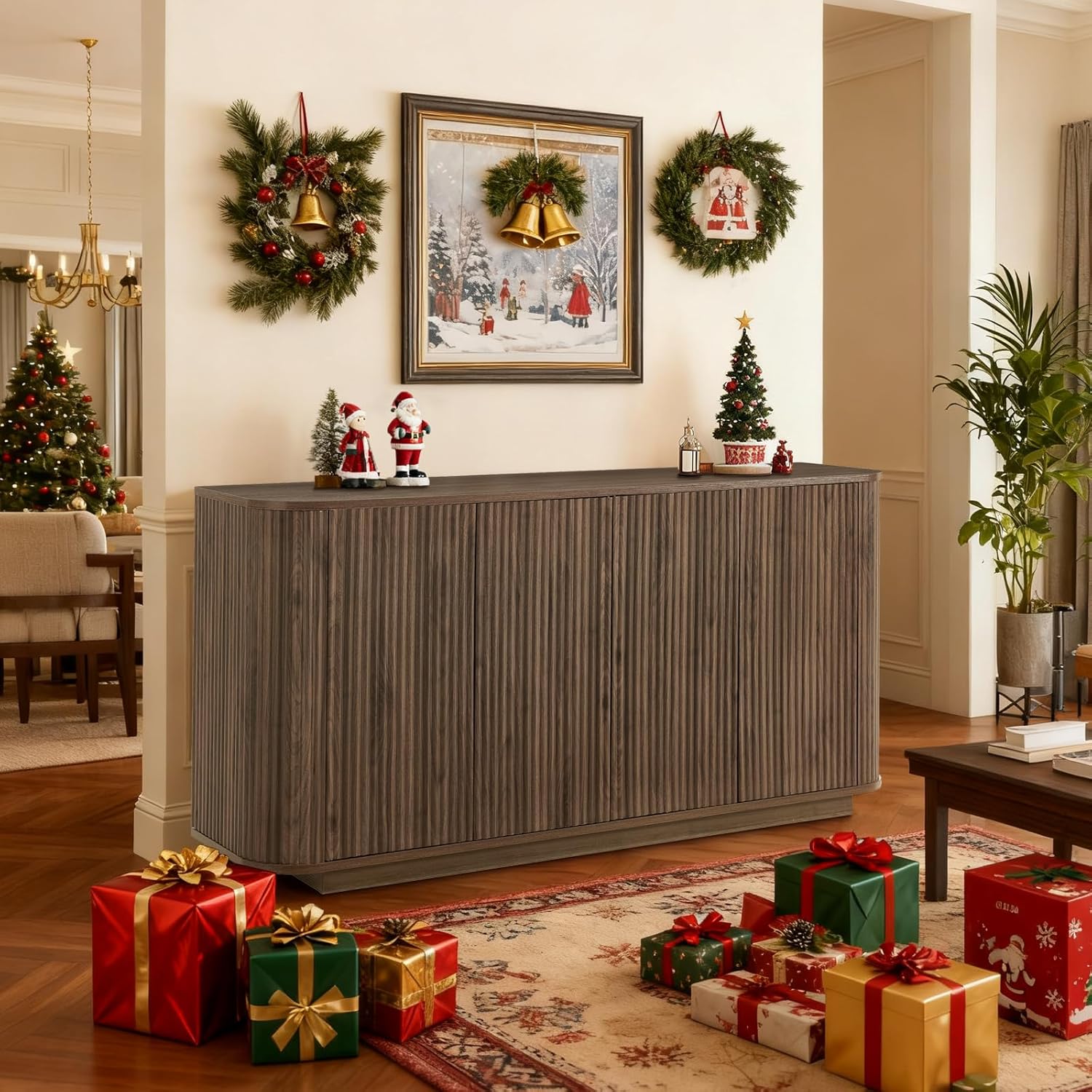 64" Sideboard Buffet Cabinet with Storage, Modern Fluted Accent Credenza with Adjustable Shelves, Wood Media Console Coffee Bar Table for Living Room Kitchen Dining Room, 31.5" H, Walnut