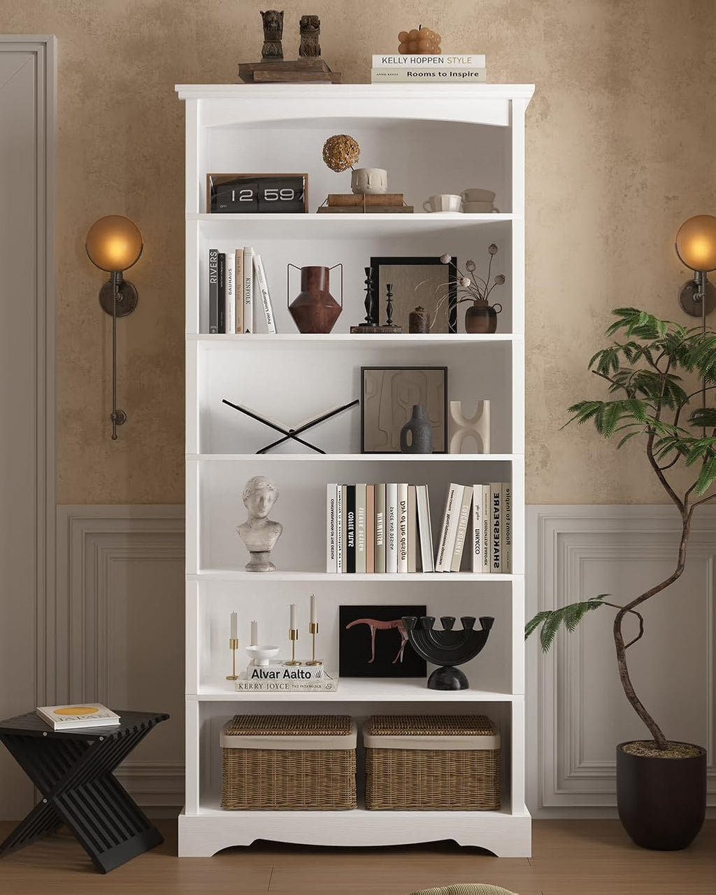 TVU 6-Tier Wooden Bookshelf, 76 Inch Tall Bookshelf with Storage, Floor Standing Modern Style Display Bookcase for Living Room, Office, Study Room, Entryway, White