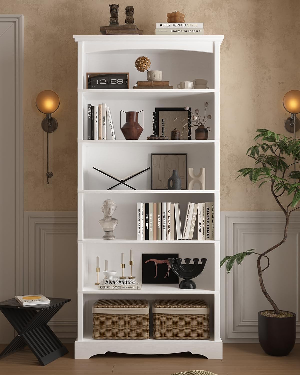 TVU 6-Tier Wooden Bookshelf, 76 Inch Tall Bookshelf with Storage, Floor Standing Modern Style Display Bookcase for Living Room, Office, Study Room, Entryway, White