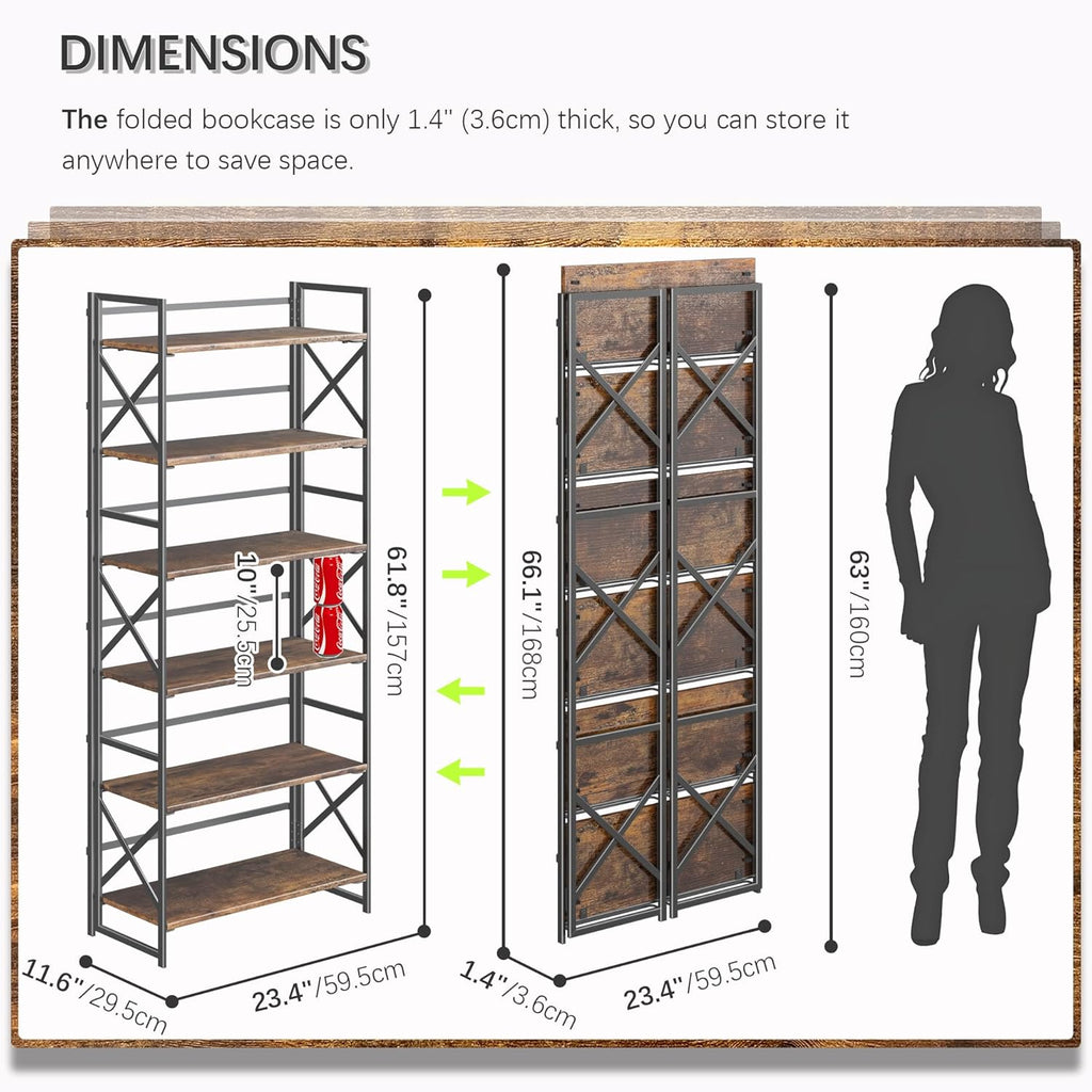 4NM 6 Tiers No Assembly Book Shelves, 61.8" H Folding Bookshelf Bookcase Open Industrial Foldable Shelves for Bedroom, Living Room, Home Office - Rustic Brown Black