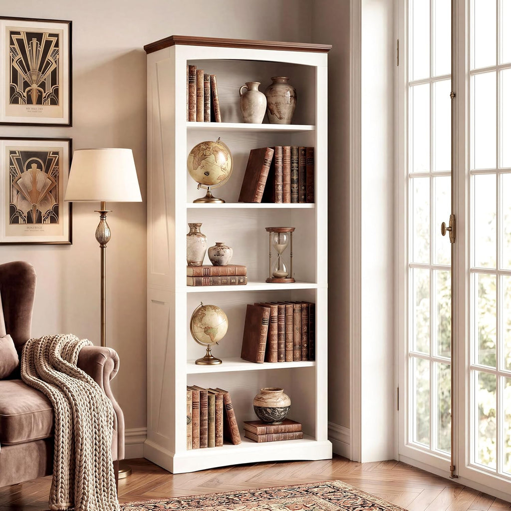 IRONCK 5 Tier Farmhouse Bookcase, 70.9" Tall White Bookshelf with Brown Top and Side Brace Panels, Large Open Display Storage Shelf for Living Room, Bedroom, Home Office, Entryway