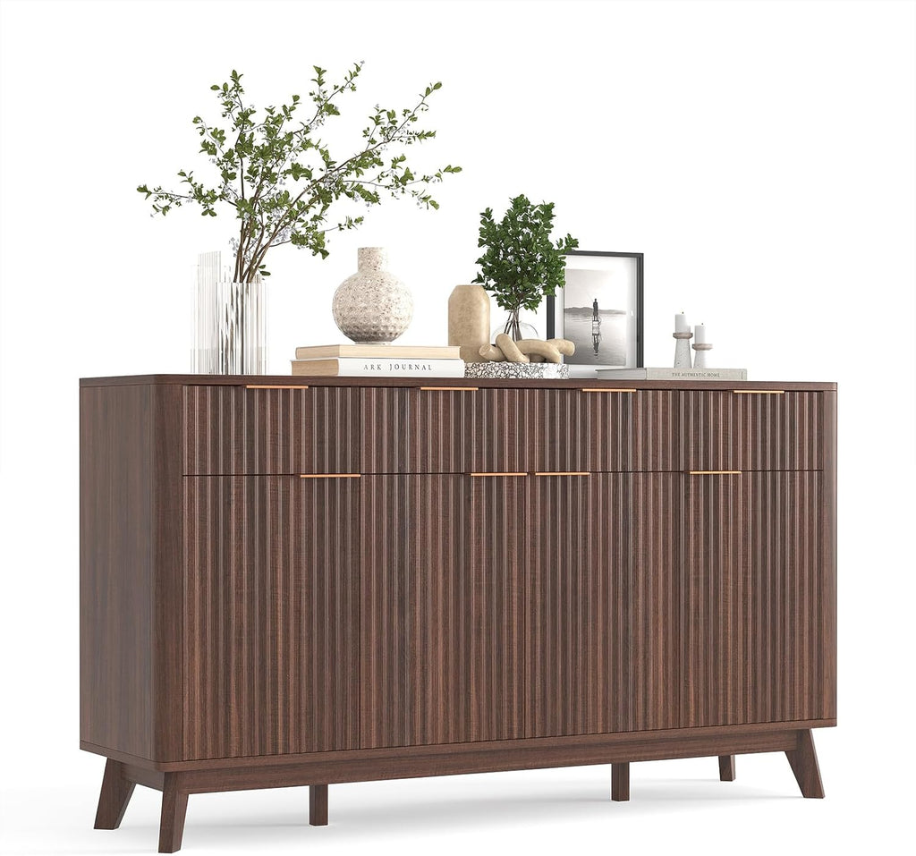 IDEALHOUSE 60" Large Farmhouse Sideboard Buffet Cabinet with Storage Drawers & Adjustable Shelves, Wood Fluted Buffet Storage Cabinet & Coffee Bar Console Table for Living Room & Kitchen Dining Room