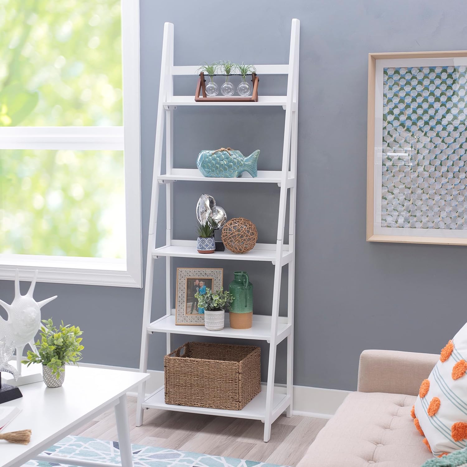 Melissa White Mid Century Five Shelf Ladder Bookcase by Linon