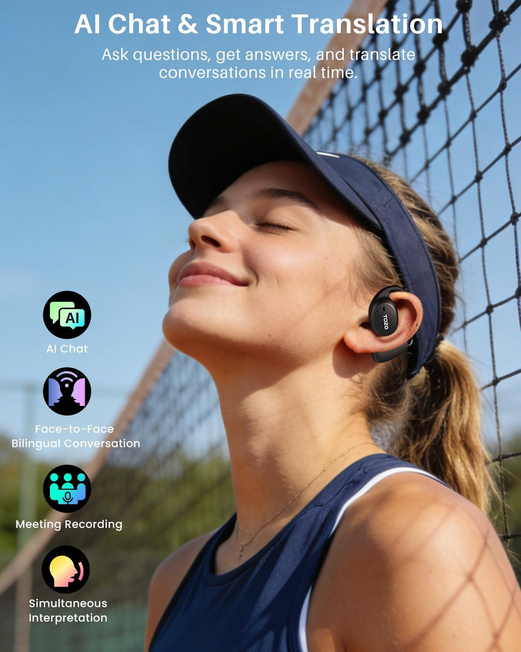 TOZO Real-Time AI Translation Earbuds, 80H Playtime Translator Ear Buds, Digital Display, AI Clear Calls, Comfortable Wear Open Ear Earbuds, AI Bluetooth Headphone for Travel Meeting Learning, Black